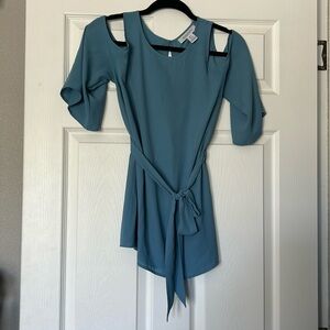 Motherhood Maternity Baby Blue Cold Shoulder Top with Bell Sleeves and Waist Tie